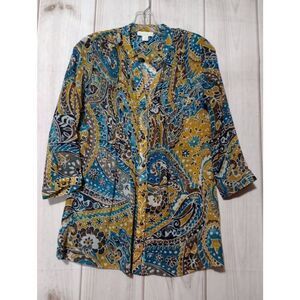 Charter Club Shirt Ladies 4 Button‎ Front Semi Sheer 3/4 Sleeve 70s Blue Gold